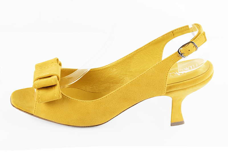 Yellow women's slingback sandals. Square toe. Medium spool heels. Profile view - Florence KOOIJMAN